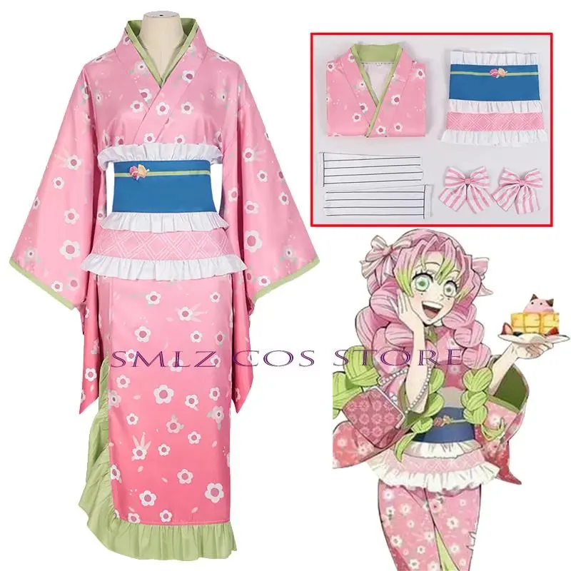 Kanroji Mitsuri Cosplay Anime Costume Printing Kimono Uniform Set Halloween Party Outfits for Women