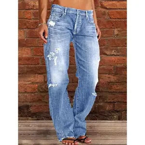 1 Pair Women's Low Rise Ripped Bootcut Wide Leg Stretch Denim Jeans - Vintage Distressed Water-Washed Casual Streetwear, Machine Washable, US Sizes XS-XXL Can be used with raincoat
