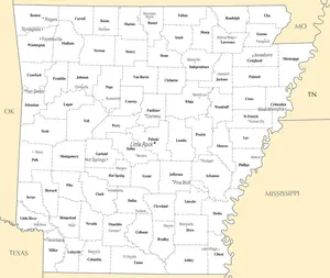 Map of Arkansas AR - County Map with selected Cities and Towns - Peel and Stick Wall Decal