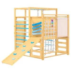 88-Inch 9-in-1 Wooden Indoor Jungle Gym | Child-Centered Climber with Slide, Monkey Bars, Rings, Rope Ladder & Net | Natural Wood / Colorful