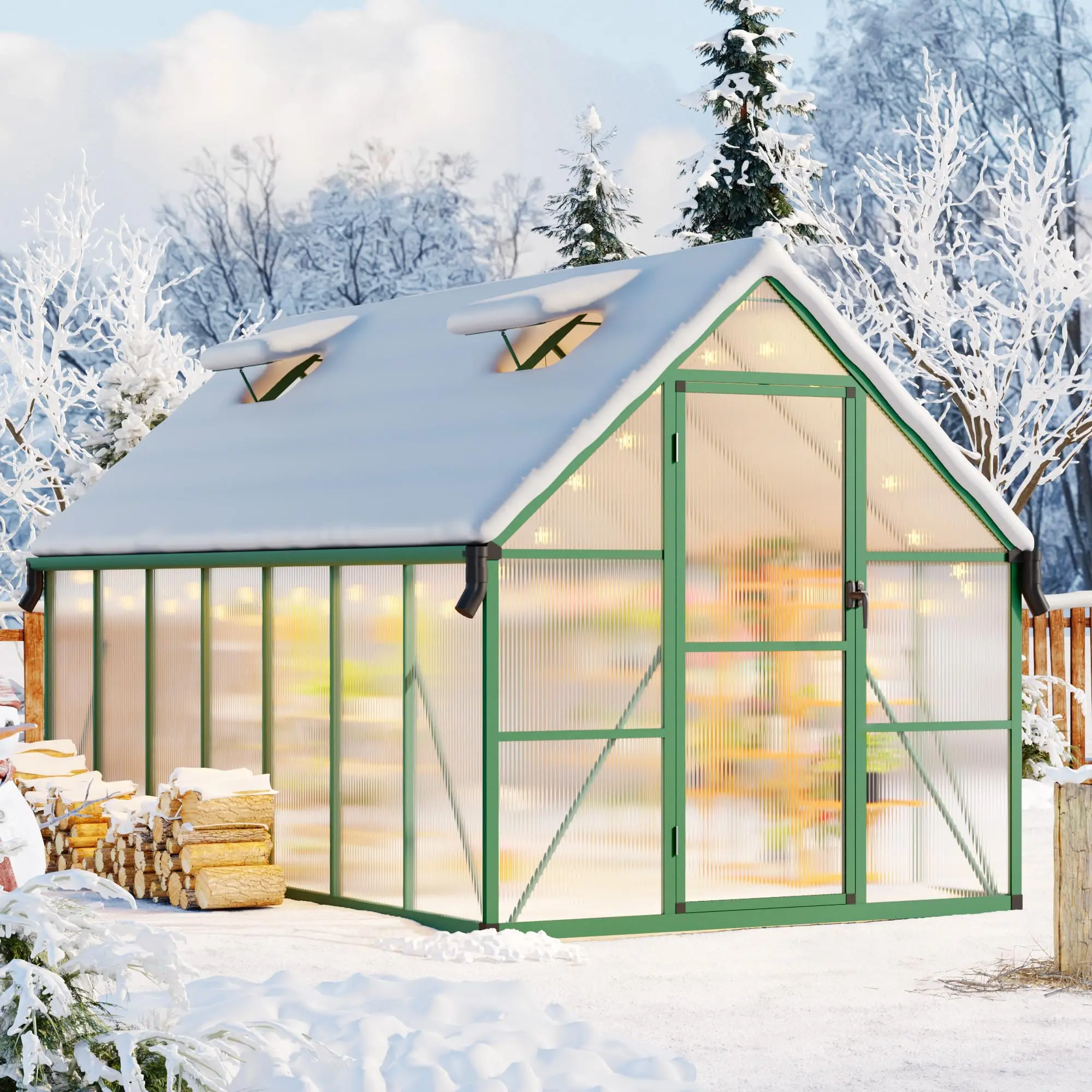 Garvee 8x12 FT Outdoor Greenhouse, Polycarbonate Greenhouse with Roof Vent and Ground Nails, Aluminum Large Walk-in Green House w/ Lockable Push Door for Outside Garden Backyard (Green, 8x14 FT)