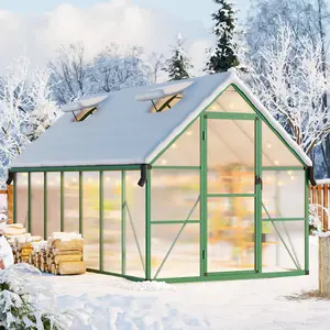 Garvee 8x12 FT Outdoor Greenhouse, Polycarbonate Greenhouse with Roof Vent and Ground Nails, Aluminum Large Walk-in Green House w/ Lockable Push Door for Outside Garden Backyard (Green, 8x14 FT)