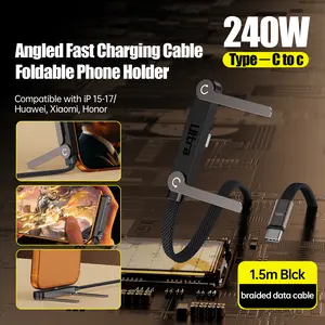 240W USB-C Fast Charging Cable with Invisible Phone Stand, 1.5M 2-in-1 Type-C Charging Cord & Holder for Gaming, Office Desk & Car Travel, Compatible with iPhone Samsung – Black