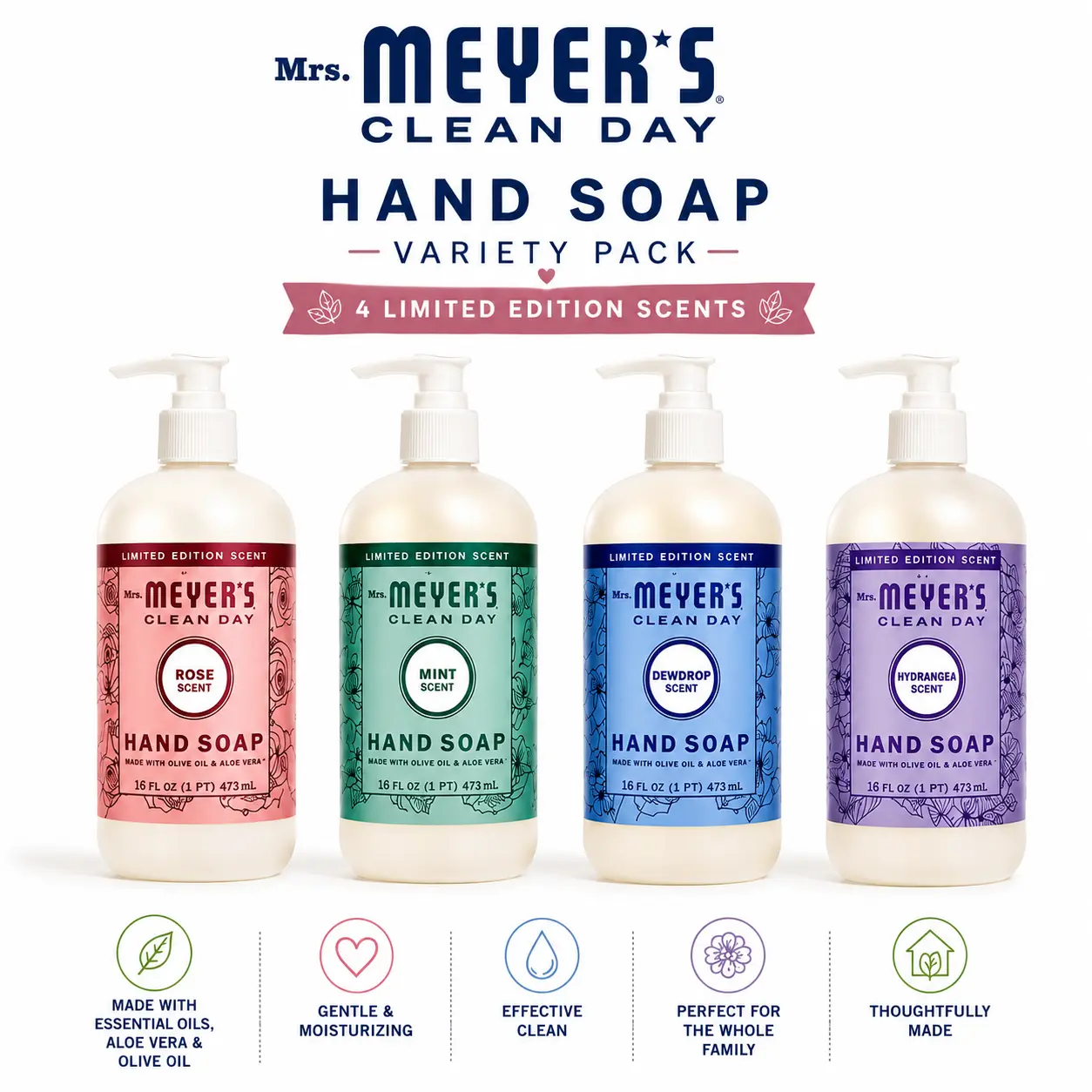 Mrs. Meyer’s Clean Day Moisturizing Liquid-Based Cleanser Variety Pack - Limited Edition Scents, 4-Pack Bottled Skin-Safe Pump Containers, 16 fl oz Each, Infused with Aloe Vera & Olive Oil, Clean Hand Wash