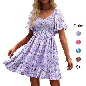 Women’s summer printed mini dress – V-neck, flowy bohemian-style sundress with pockets, suitable for vacations and parties GARMENTARY