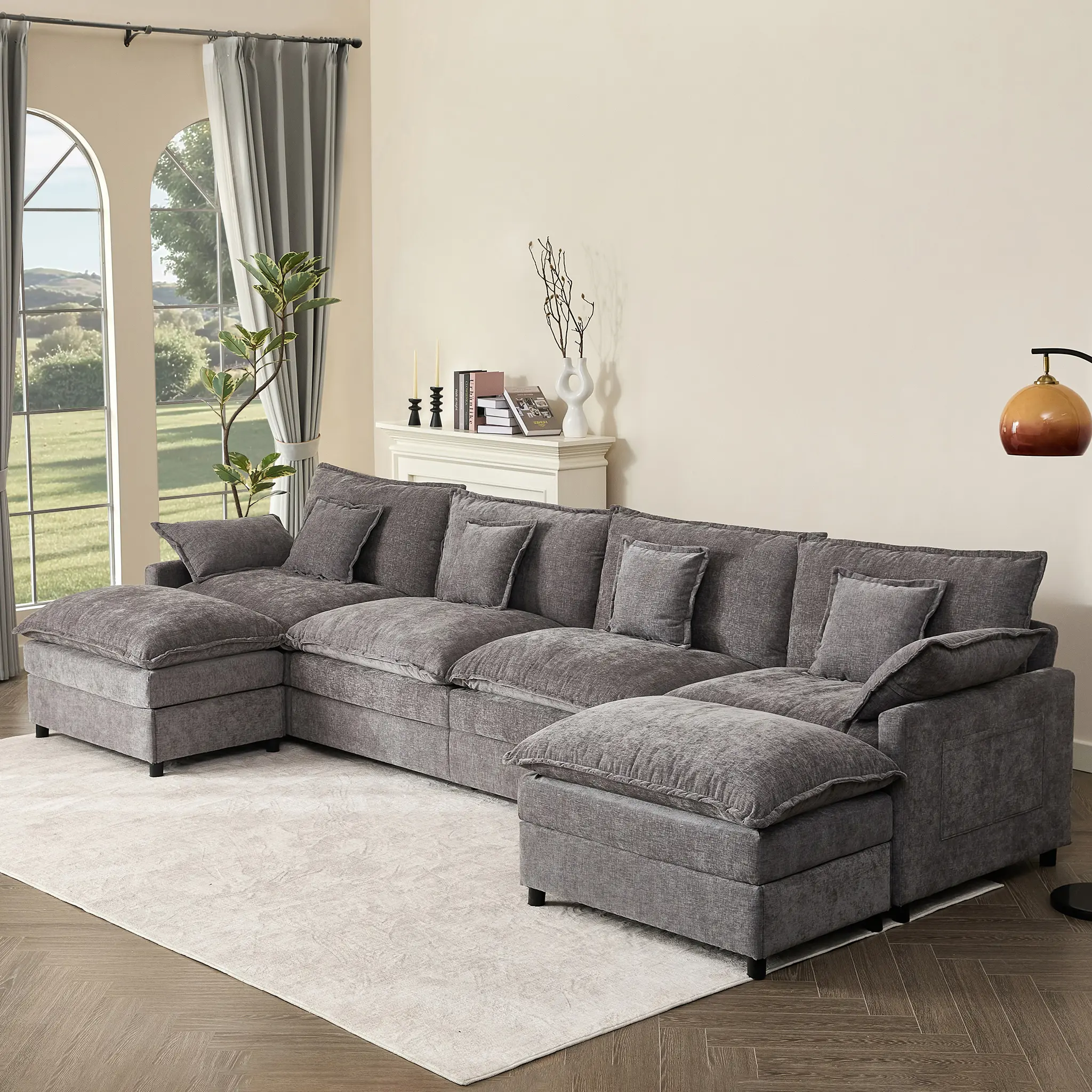 【3 Packages Shipping】GOSUHI 142.5" U-Shaped Modular Sectional Sofa - Comfy Cloud 4-Seater with Movable Ottoman, Deep Seat Chenille Couch for Living Room, Slate Color ,Comfort & Stylish Design