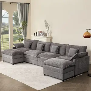 【3 Packages Shipping】GOSUHI 142.5" U-Shaped Modular Sectional Sofa - Comfy Cloud 4-Seater with Movable Ottoman, Deep Seat Chenille Couch for Living Room, Slate Color ,Comfort & Stylish Design