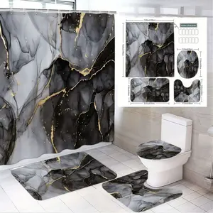 1/4pcsLuxury Black White Gold Marbled Bathroom Set - Shower Curtain + 2 Bath Mats + Toilet Seat Cover, Modern Elegant Marble Pattern - Perfect for New Year, Valentine's Day, Mother's Day, Christmas Home Decor, Shower Curtain Sets