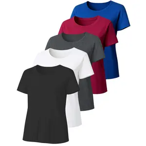 Women's Round Neck Tee 5-Pack Casual Short Sleeve T-shirts for Fall & Daily Wear, Fitted Minimalist Design, Breathable Polyester Rayon Spandex Fabric, Comfortable Fit for Spring Summer Fall