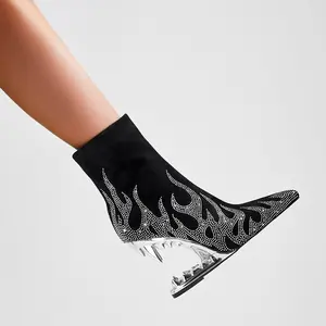 FEINLINA Women's Rhinestone Tooth Heel Boots with Glitter Flame Design for Nightclub Dance Performance - Elegant Novelty Sculpture Fashion Pointed Toe Thin Footwear