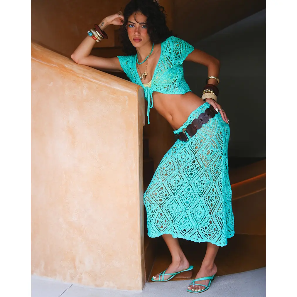 Diora Midi Skirt in Crochet Knit Aqua Sky