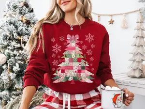 Patchwork Christmas Tree Sweatshirt, Coquette Bow Holiday Sweater, Quilt Tree Crewneck, Cottagecore Winter Shirt, Festive Gift for Her