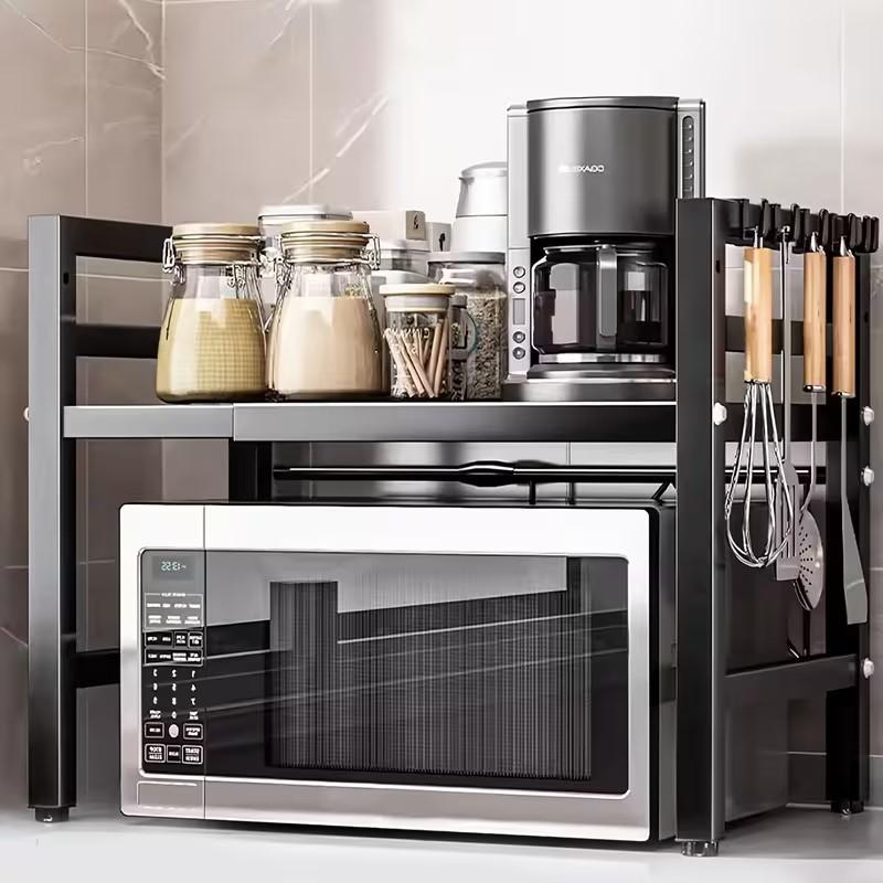 NETEL 2 Tier Expandable Microwave Shelf, Over Microwave Shelf, Worktop Stand, Kitchen Stand Up Oven, Microwave Rack with Hooks and Holder NETEL