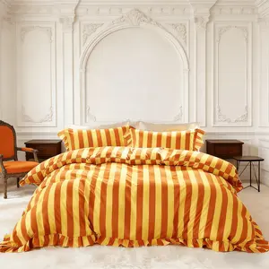 Romantic Striped Ruffle Bedding Set 3 Piece, Decorative Bedding Set, Bedroom Bedding Set, Includes 1 Duvet Cover and 2 Pillowcases, No Inserts Soft Comfortable Bedding, Perfect Valentine's Day Gift