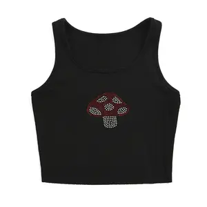 Summer Ladies Sexy U-neck Camisole, Girls Creative Mushroom Rhinestone Decoration Sleeveless Midriff-baring TopBase Shirt