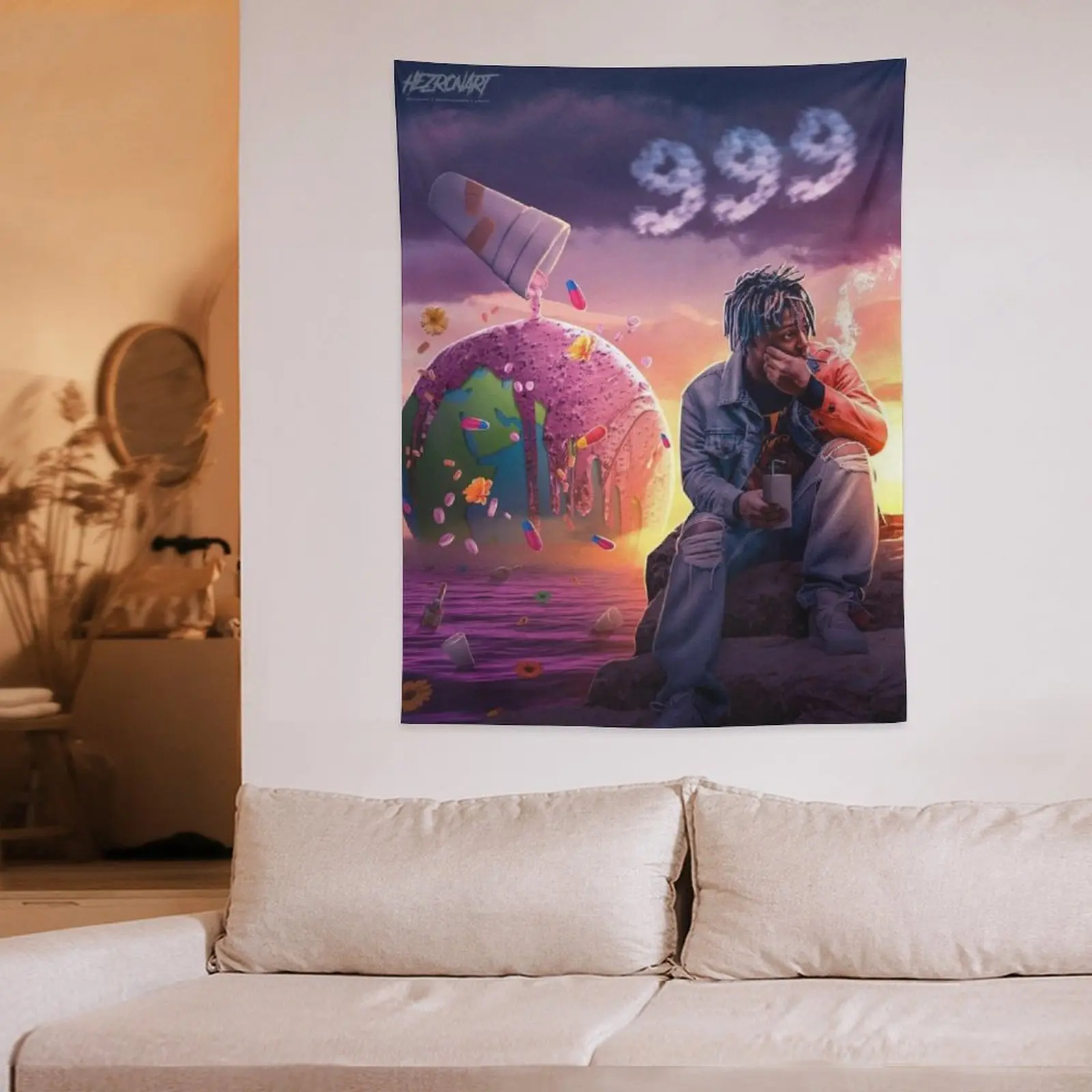 Juice Sunset 999 Tapestry, Realistic Rap Legend Wall Hanging, Purple Sky Aesthetic Decor, 999 Cloud Wall Art, Sad Rap Emotional Decor, Dreamy Hip Hop Room Accessory, Music Studio Background Art