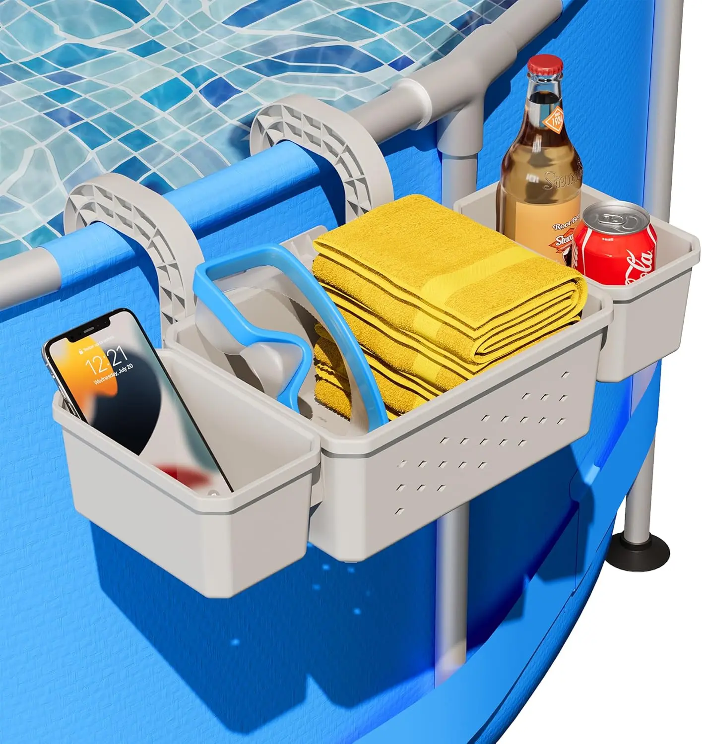 2026 Upgrade Poolside Storage Basket with 2 Cup Holders, Pool Drink Holder Stretchable Organizer for Drinks & Pool Supplies, Perfect Above Ground Pool Accessories for Most Frame Swimming Pools
