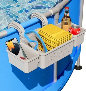 2026 Upgrade Poolside Storage Basket with 2 Cup Holders, Pool Drink Holder Stretchable Organizer for Drinks & Pool Supplies, Perfect Above Ground Pool Accessories for Most Frame Swimming Pools