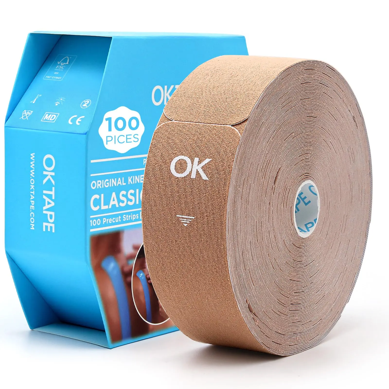 OKTAPE Kinesiology Tape (1 Roll of 100 PCS) Pre-cut Large Pack, 2in×10in/PCS Elastic Cotton Latex Free Hypoallergenic Athletic Tape Roll for Muscle Joint Knee, Waterproof K Tape