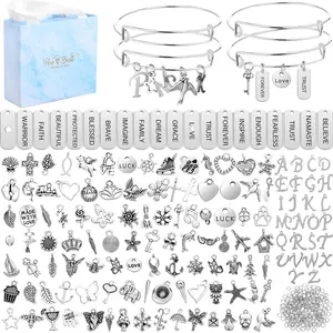 DIY Bracelet Making Kit, 171pcs/set Bangles Jewelry Making Accessories Including 10pcs Adjustable Bangle, 51pcs Charm Pendants, 100pcs Jump Rings, 15pcs Earhooks & Gift Box, DIY Beading Accessories