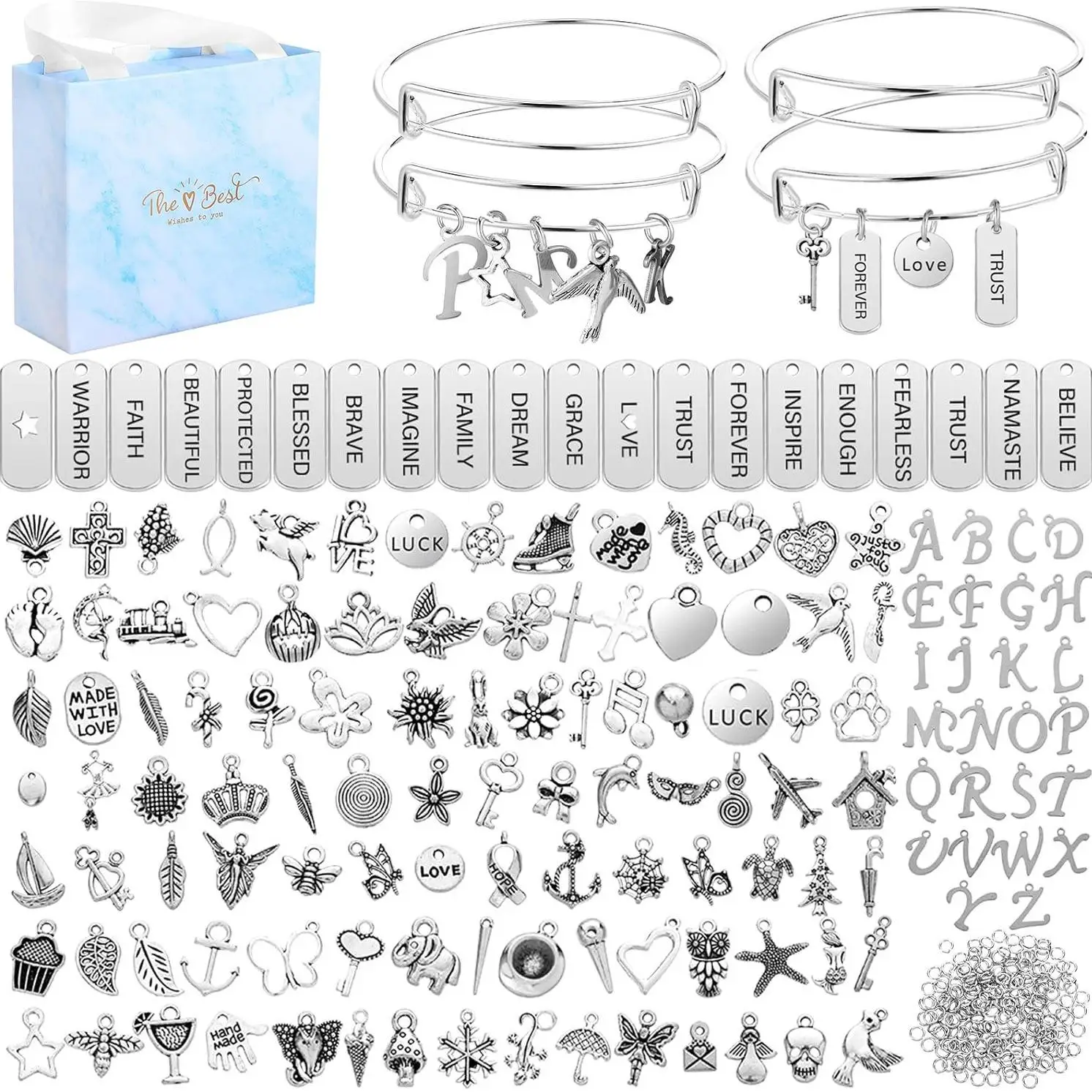 DIY Bracelet Making Kit, 171pcs/set Bangles Jewelry Making Accessories Including 10pcs Adjustable Bangle, 51pcs Charm Pendants, 100pcs Jump Rings, 15p