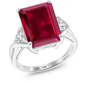 10K White Gold Red Created Ruby and White Created Sapphire 3 Stone Engagement Ring For Women (5.64 Cttw, Emerald Cut 14X10MM, Trillion 4MM)