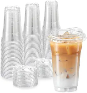 24 OZ Clear Plastic Cups With Strawless Sip Through Lids, Clear Crystal disposable plastic cups, smoothie cups