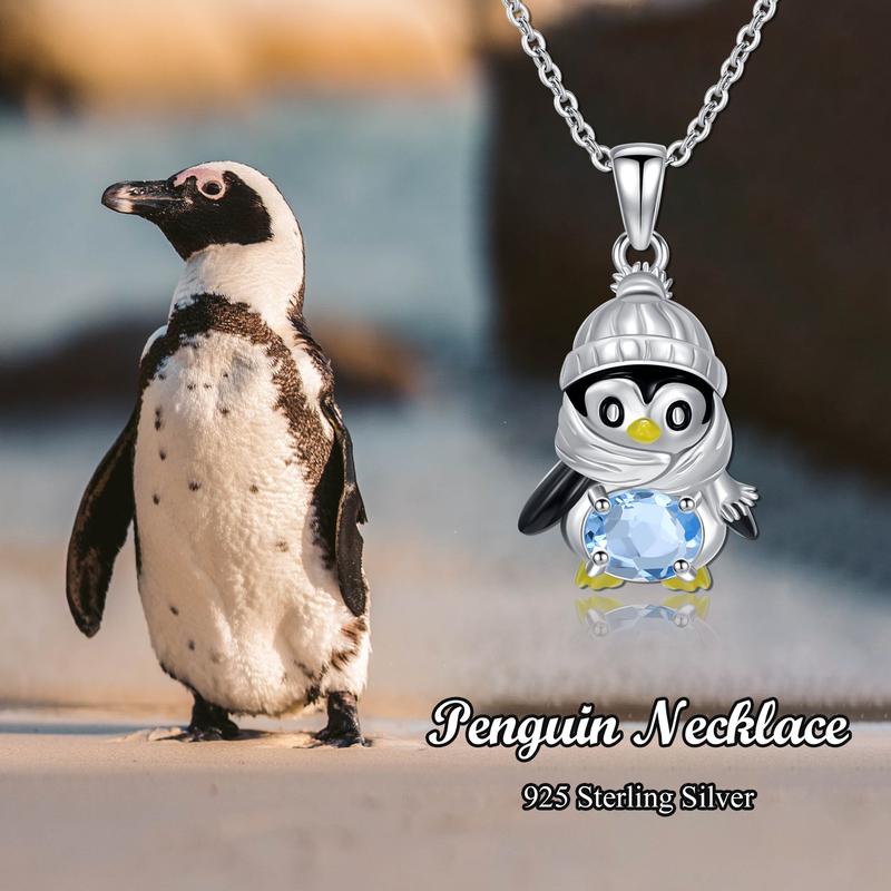 Penguin Necklace for Women 925 Sterling Silver Genuine Swiss Blue Topaz Lovely Ocean Sea Animal Pendant Ladies Jewelry Easter Birthday Gifts for Mother
