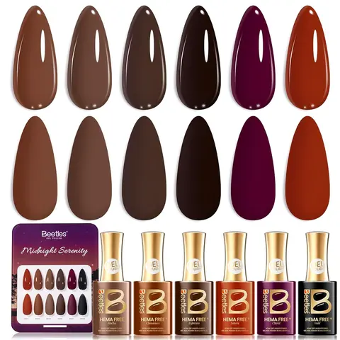 Beetles Berry Gentle HEMA-Free Aesthetic Gel Nail Polish Gift Set - 6x15ml Salon-Quality Nail Care Kit, Midnight Serenity & Mocha-Berry Tones Assorted Colored Polishes, Soak-Off UV/LED Cure, Swatch Card for Home Manicure