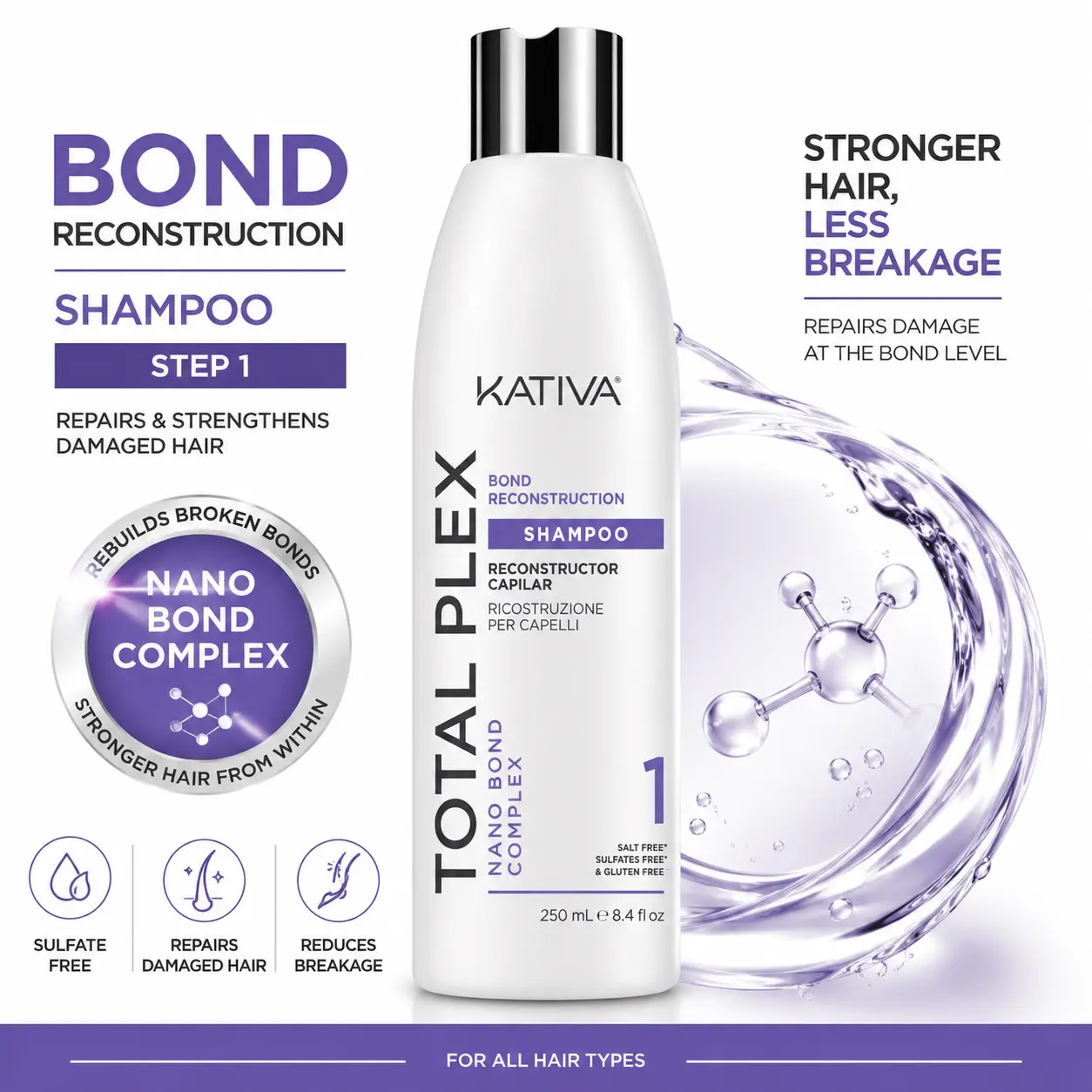 Kativa Total Plex Liquid Shampoo - 250ml Gentle Bond Repair Cleanser for Adults, Nano Bond Complex, Salt-Free Sulfate-Free Color-Safe Strengthening Shampoo, Single Item