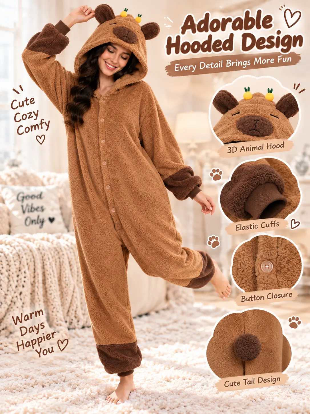 Women's Plush Capybara Costume Onesie - Soft, Warm Fleece, Loose-Fit, Elastic-Sleeved Coral Vibe Sleepwear for Home Loungewear Comfort Brown Womenswear
