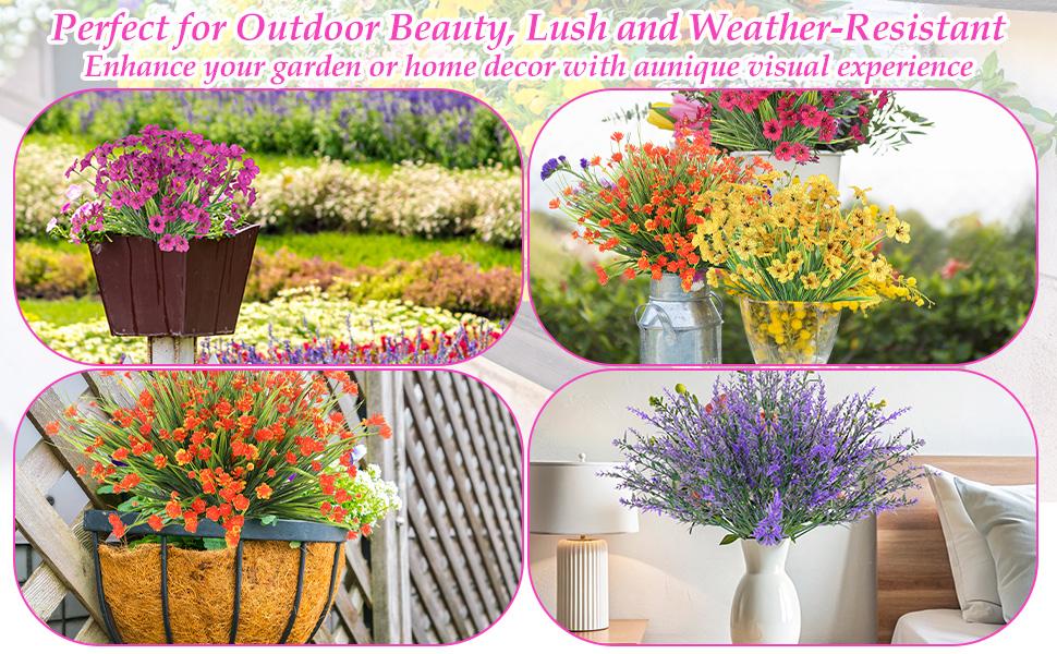 18 Bundles Artificial Flowers for Outdoors, UV Resistant Realistic Fake Summer Flowers with Faux Lavender Plants for Outside Porch Window Box Planters Home