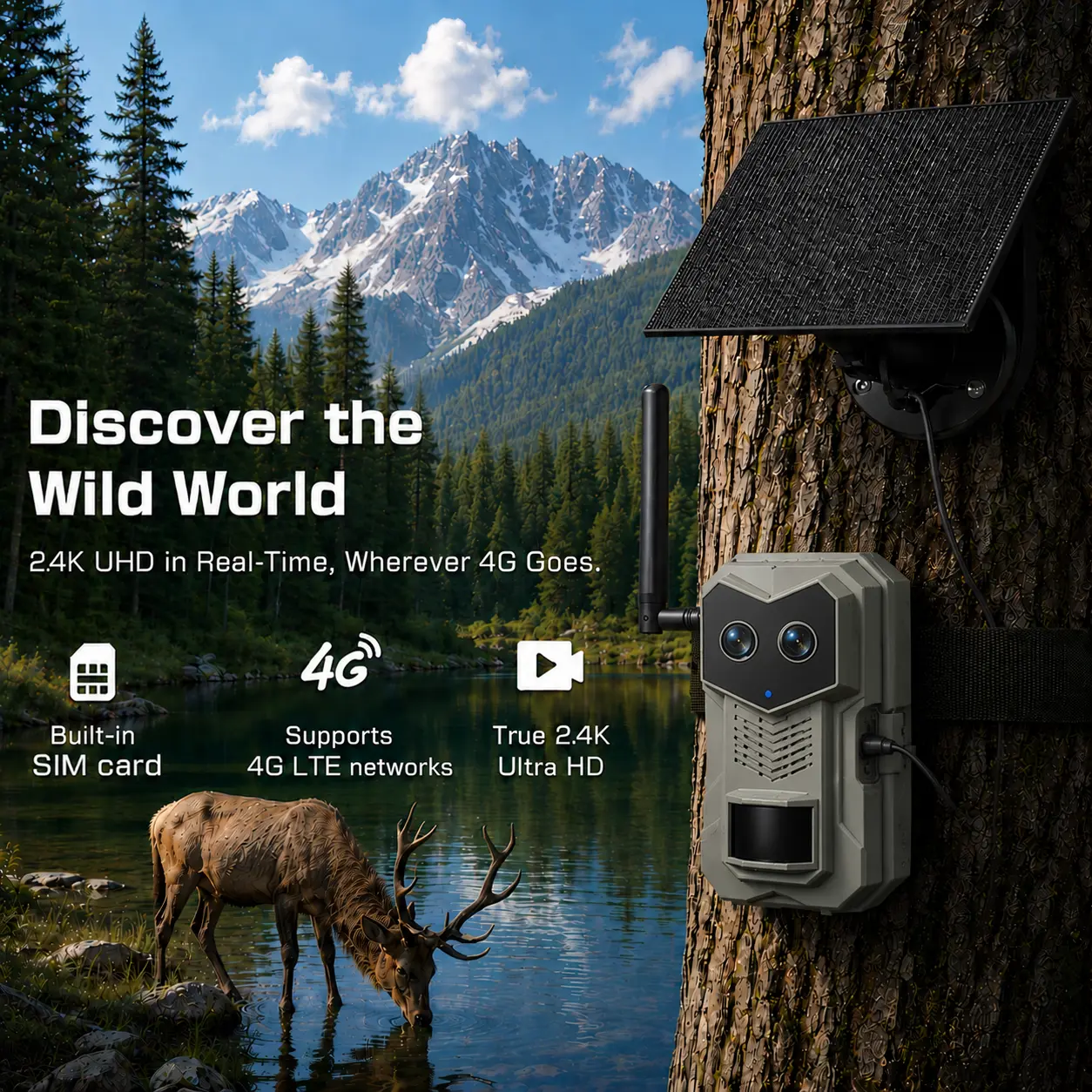 4G LTE Solar Powered Hunting Trail Camera with Live Streaming, Game Camera Built-in SIM Card WiFi, Not Supported,  WaterProof, Motion Activated, Night Vision,  (Data refill is required for Unlimited 4G data usage) Outdoor