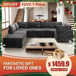 【7 Packages Shipping】Ovios 130.7" Modular Sectional Sofa Couch, U-Shaped Minimalist Couches with Sofa Bed Chaise, L-Shaped Modern Deep Seat Cloud Plush Corduroy Sofas with Ottoman Set for Living Room, 7 Seater