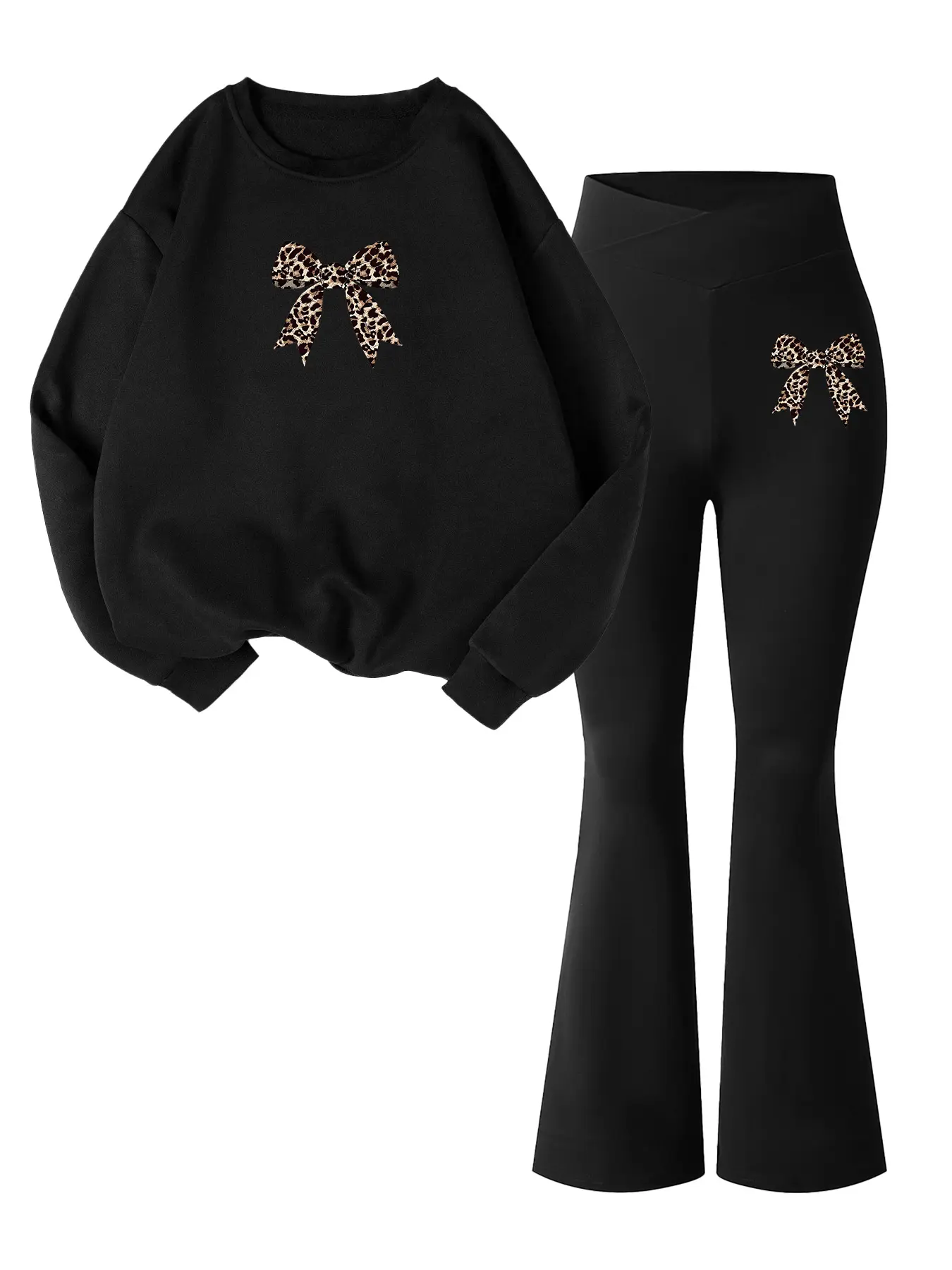 Women's Leopard Bow Print Loose Casual Round Neck Sweatshirt + Bell Bottom Pants Set, Spring & Fall Comfortable