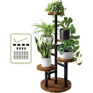 5 Tier Plant Stand, Tall Metal Wood Shelf Holder for Indoor Plants, Outdoor Garden Plant Display Rack Flower Pot Stand for Corner Living Room Balcony Garden Patio