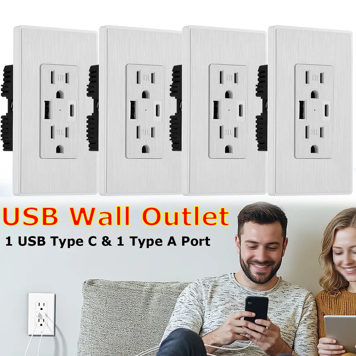 4PCS Dual Wall Outlet with USB Ports Charger AC Power Receptacle Plate Panel 15A  with 1 Type A & 1 Type C