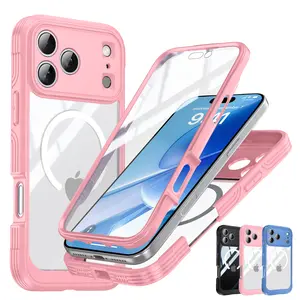 [Free!!Ship!] 360° Rugged Transparent Case for iPhone 17 Pro Max 16 15 Plus Magsafe Military Shockproof Cover with HD Screen Protector TPU Clean Phone Bumper