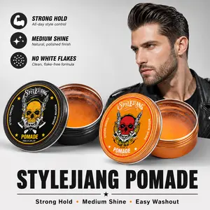 STYLEJIANG Skull Pomade 150g for Men Strong Hold Medium Shine Water Based Hair Styling Wax No White Flakes Easy Washout Black Orange Jar