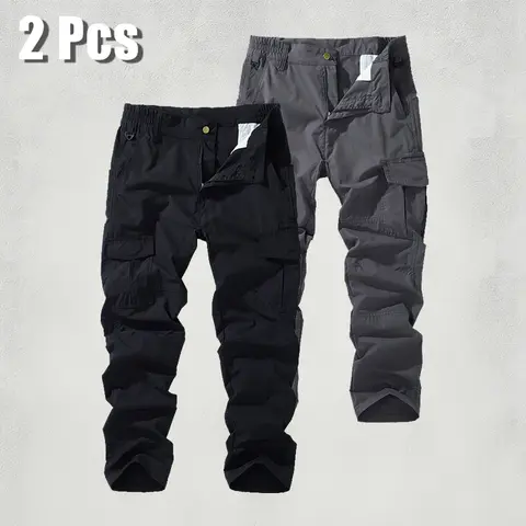 2-pack men’s tactical cargo pants—quick-drying, waterproof, multi-pocket, outdoor wear-resistant long pants; street-style cargo pants suitable for streetwear outfits, casual outings, and commuting; solid colors that are versatile and easy to pair with any