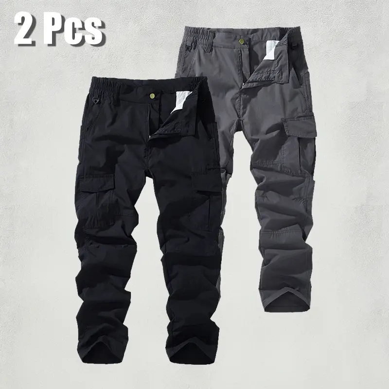 2-pack men’s tactical cargo pants-quick-drying, waterproof, multi-pocket, outdoor wear-resistant long pants; street-style cargo pants suitable for streetwear outfits, casual outings, and commuting; solid colors that are versatile and easy to pair with any