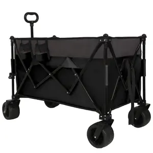 Donext Extra Large 300L Tall Heavy-Duty Folding Wagon Cart with 480lbs Capacity – All-Terrain Wheels, Side Pockets, Brakes & Drink Holders for Camping, Beach, Sports, Gardening, Black- Gray