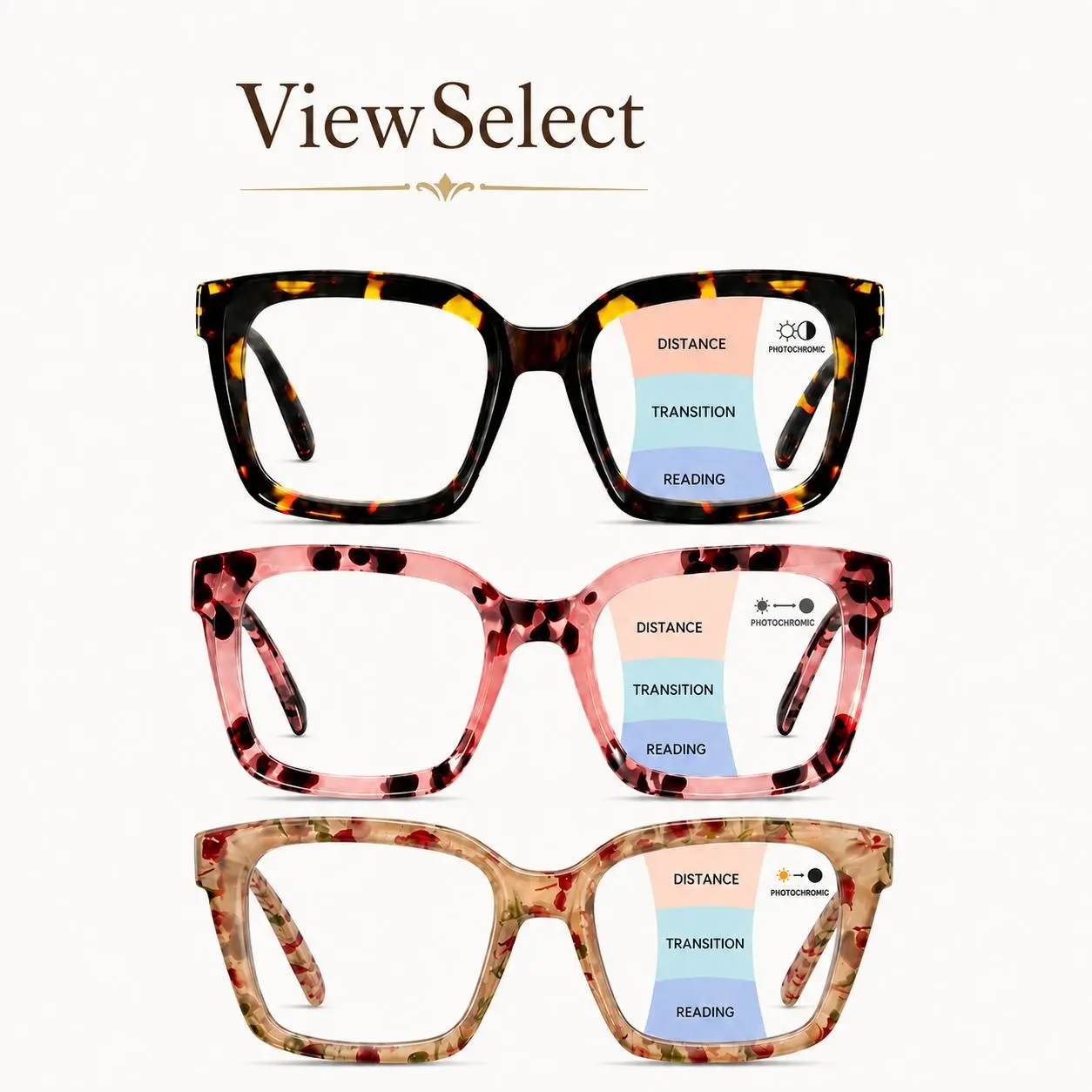 ViewSelect Photochromic Progressive Multifocal Reading Glasses for Women, Clear Indoors Tinted Outdoors, Lightweight Spring Hinge Readers with Anti-Lost Lanyard