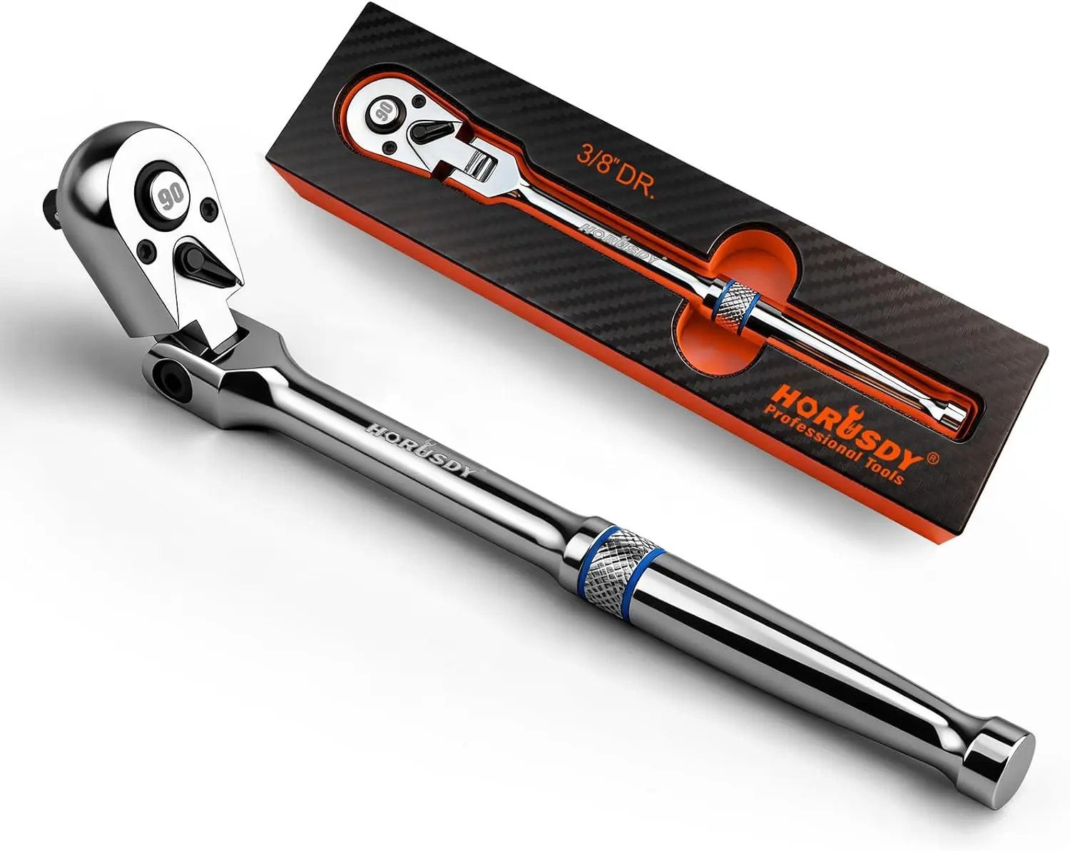 HORUSDY 3/8" Drive 90-Tooth Flex Head Ratchet Handle, 180° Adjustable CR-V Ratchet with Quick Release & Reversible Switch, 4° Swing Arc Socket Wrench for Automotive, Bike & DIY Repair