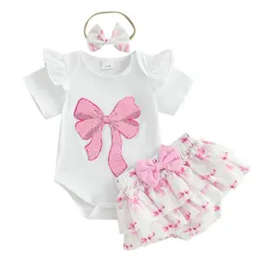 Baby Girls 3Pcs Summer Outfit Short Sleeve Bow Embroidery Romper + Shorts + Headband Set Infant Clothes