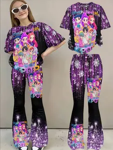 Girls' Kpop Anime Set, Cyberpunk Cool Style, Cartoon Idol Print Short Sleeve Top & Gradient Bell Bottoms, Casual Slim-Fit, Fashion Clothes Set