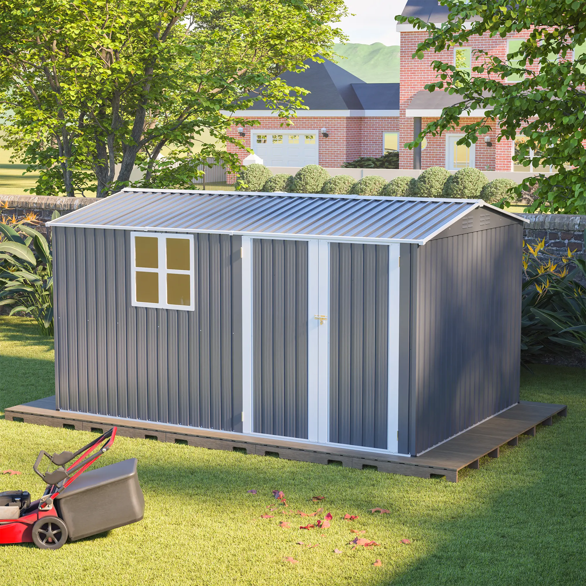 Heavy-Duty Metal Outdoor Storage Shed (8x12 FT/143.4"w x 94"d x 76.5"h) with Sunlit Window, Ventilating Vents, Padlock-Ready Gray Doors, Enhanced Security for Backyards, Lawn Equipment Storage