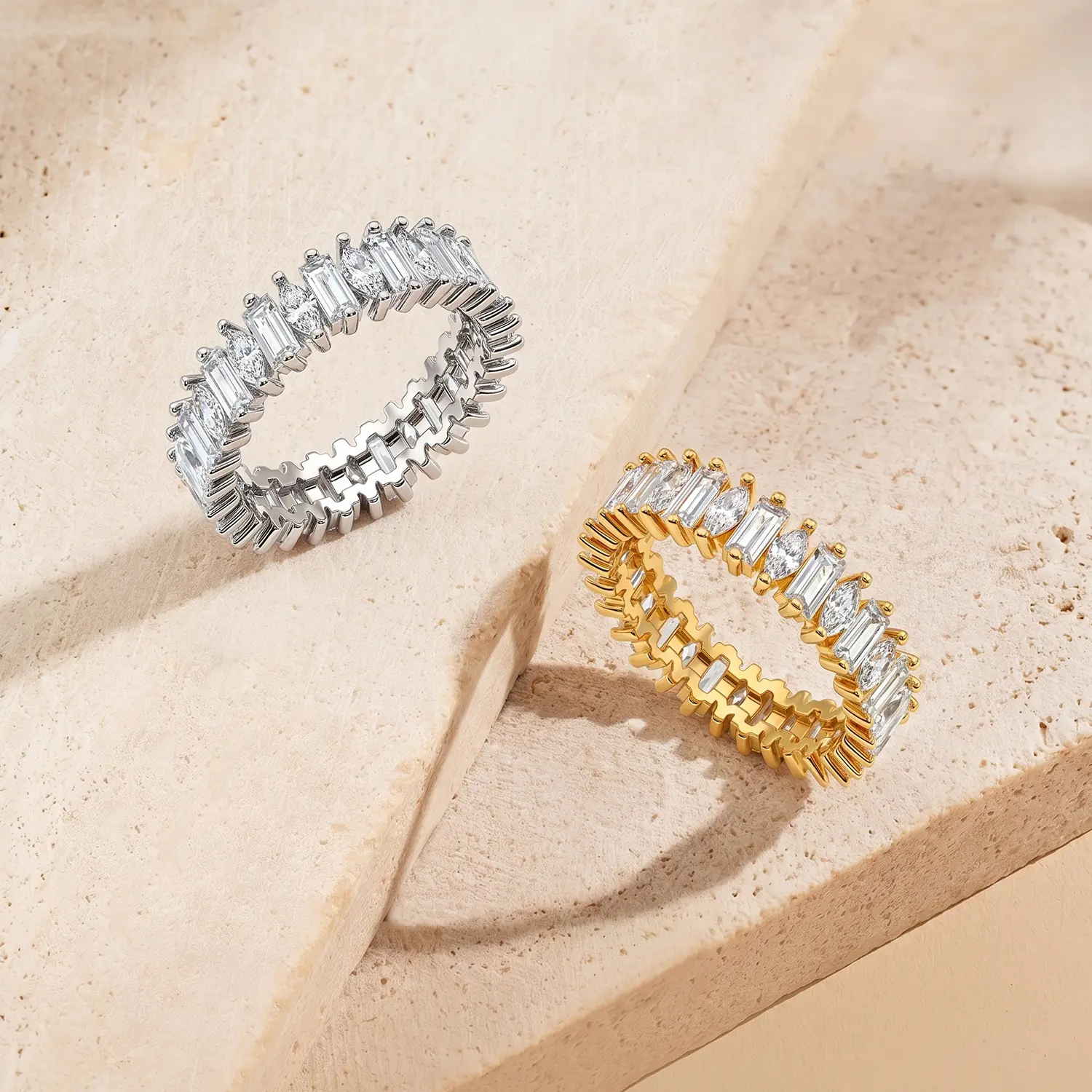 The Amorette Ring Vintage Alternating Marquise & Emerald Cut Eco Diamond Eternity Band 14K Gold Plated Minimalist Stacking Ring