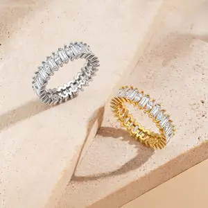 The Amorette Ring Vintage Alternating Marquise & Emerald Cut Eco Diamond Eternity Band 14K Gold Plated Minimalist Stacking Ring