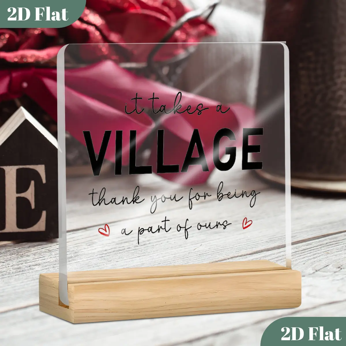 2D Flat, "It Takes A Village..." Thank You Plaque Heartfelt Award Gift for Daycare Teacher, Paraprofessional, Coach Classic Design with Base, Perfect for Christmas, Thanksgiving & Birthdays Gift